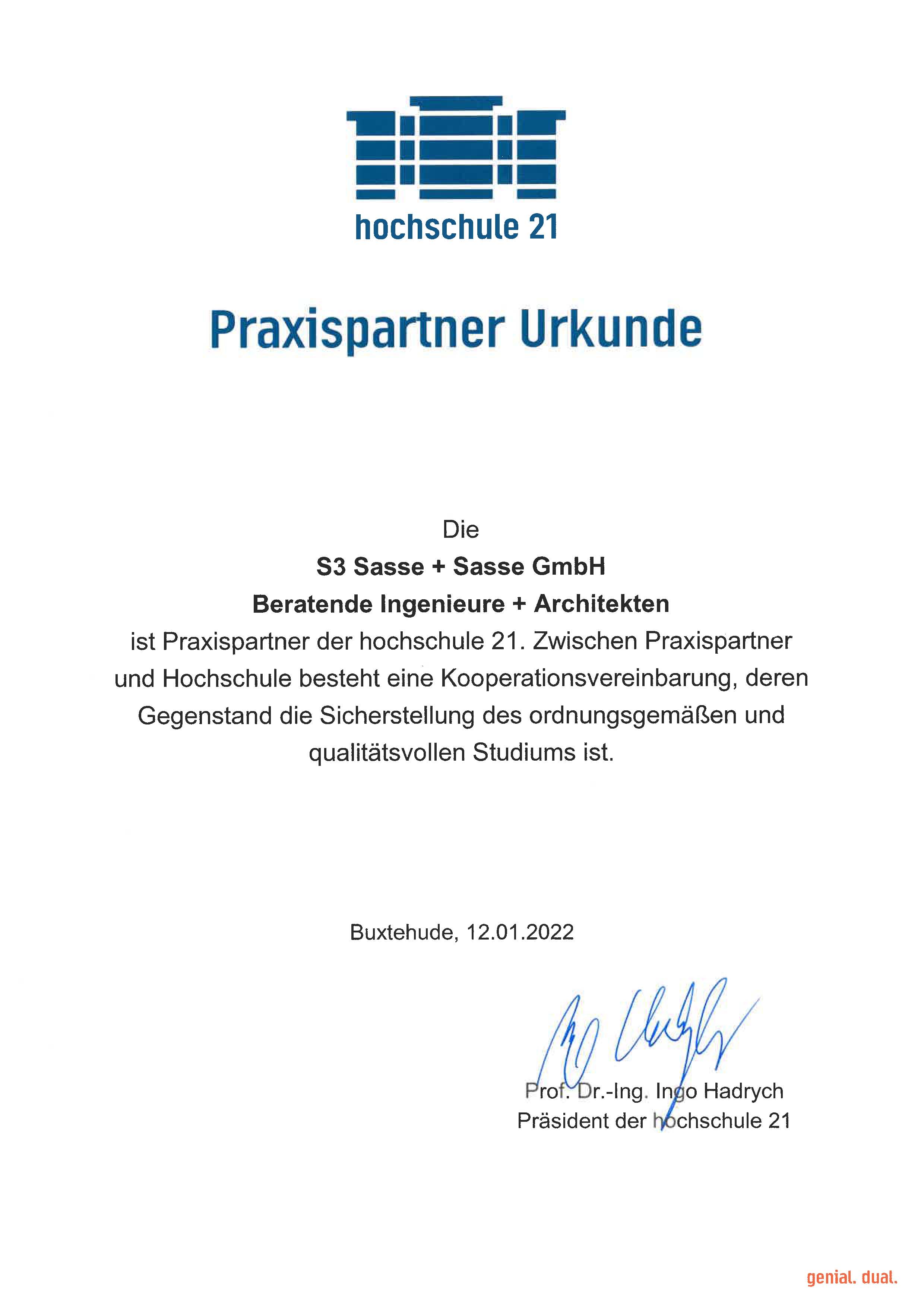 Praxispartner Urkunde hochschule 21